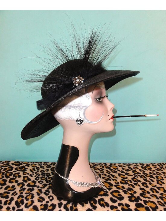Vintage Black Church Hat w/ Feathers & Rhinestone Brooch Kentucky Derby goth main image 8